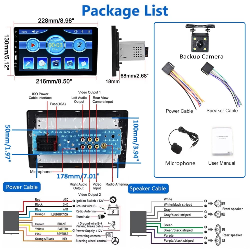 Single 1 Din 9'' Car Stereo HD Touch Screen Car MP5 Player Car Radio Audio Bluetooth Mirror Link USB FM Function with Microphone & Rearview Camera W44068