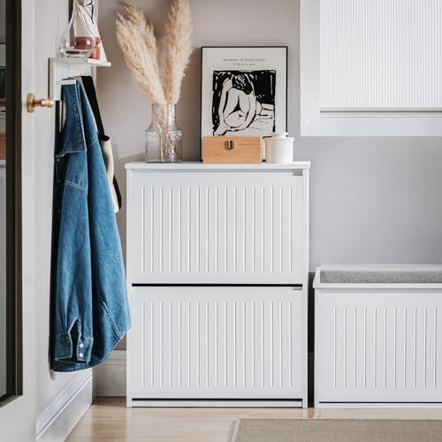 White Shoe Storage Cabinet with 2 Flip-Drawers H8635