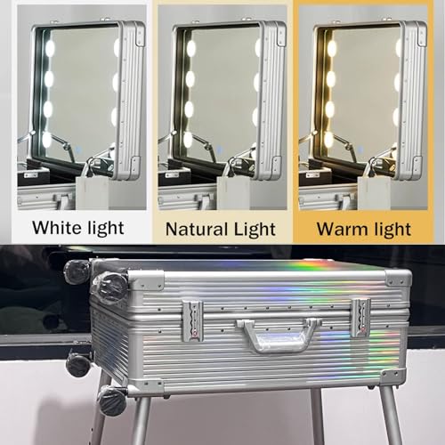 Silver Stripe Aluminum Rolling Makeup Train Case with Lighted Mirror X88533