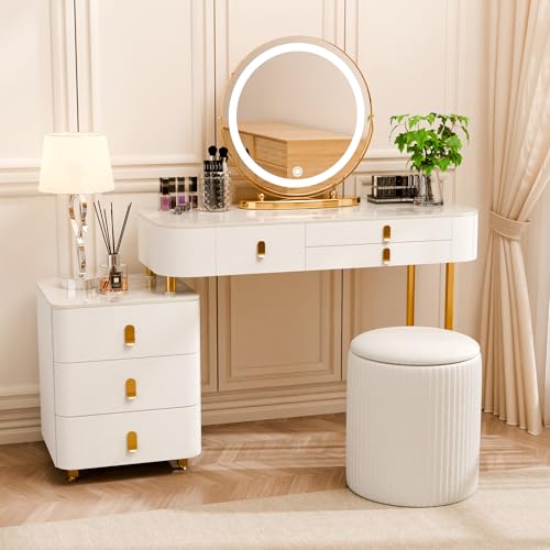 6 Drawer Wood Makeup Vanity Desk with Mirror and Lights and Chair X46345