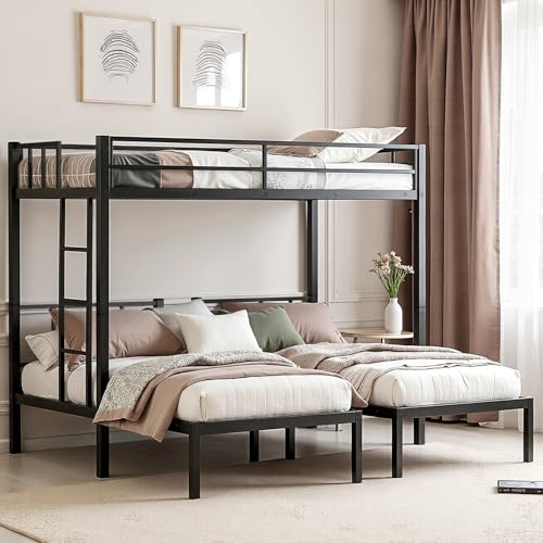 Black Metal Triple Bunk Bed with Guardrails and Ladder K884