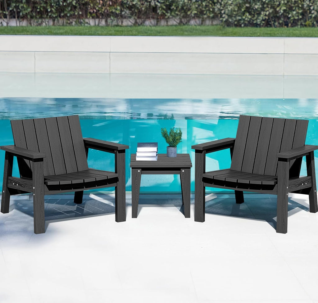 3 Piece HDPE Adirondack Chair Set with Side Table Black J723