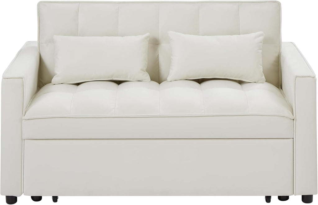 Ivory Velvet 2 Seater Convertible Loveseat Sleeper Sofa with Pull-Out Bed C4009