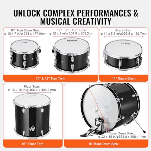 Black 5-Piece Drum Set with Bass, Toms, Snare, Floor, Stands, Cymbal, Hi-Hat Pedal and Drumsticks S409016