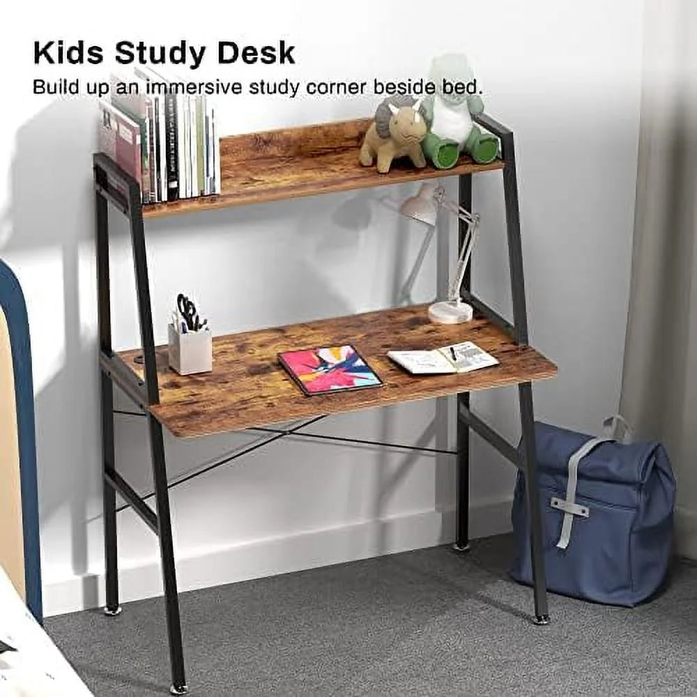 Rustic Brown 43 Inch 2-Tier Computer Desk with Shelves Metal Frame G42234