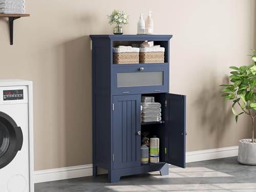 Navy Blue Bathroom Floor Storage Cabinet with Flip Glass Drawer P473302