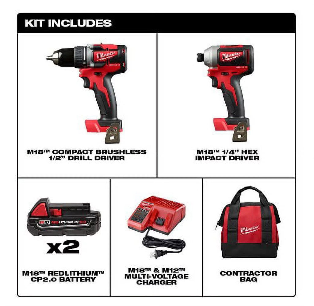 Compact Brushless Cordless Drill/Impact Combo Kit (2-Tool) with 2.0Ah Batteries, Charger & Bag D26631