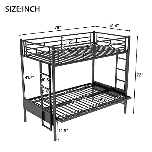 Black Metal Twin over Futon Bunk Bed with Guardrails and 2 Ladders F627
