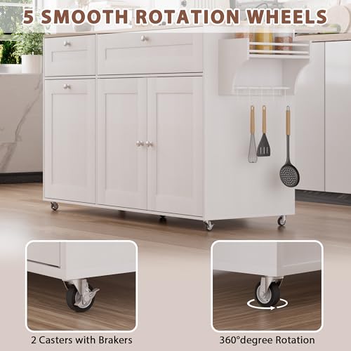 Kitchen Island on Wheels with Storage, Drop Leaf, Power Outlet, Trash Can Storage, Spice Rack, Towel Rack, Drawers L944