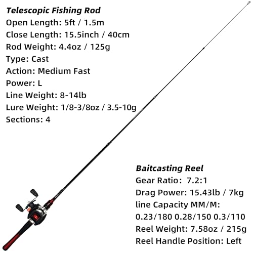 Fishing Rod and Reel Combo Baitcasting Baitcast Reel 5 Foot Fiberglass Telescopic Rod with Fishing Line E28999