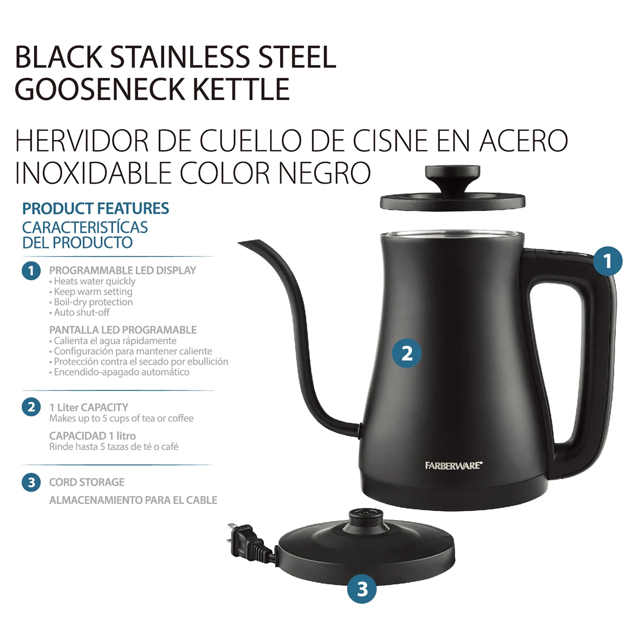 Black 1 Liter Gooseneck Electric Kettle X408935