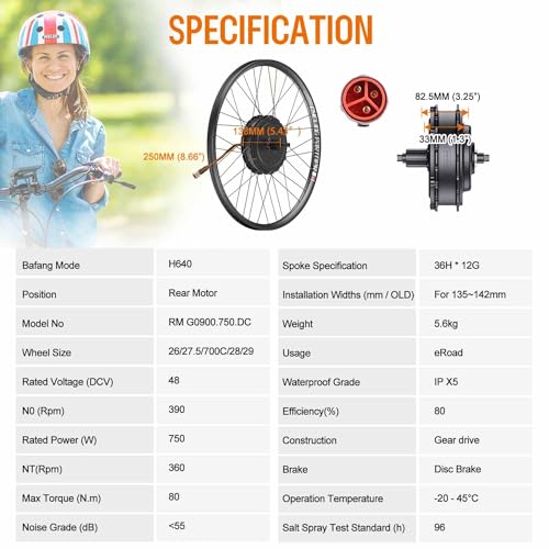 48V 750W Rear Hub Motor Ebike Conversion Kit for 26" 27.5" 700C Bicycle M3830