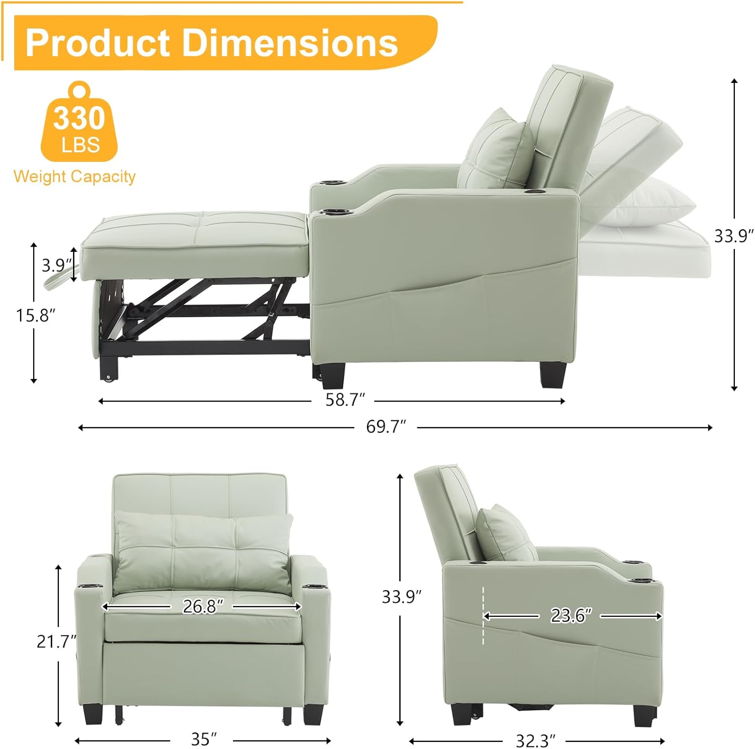 PU Leather Mint Green Sleeper Chair Sofa Bed Y282790