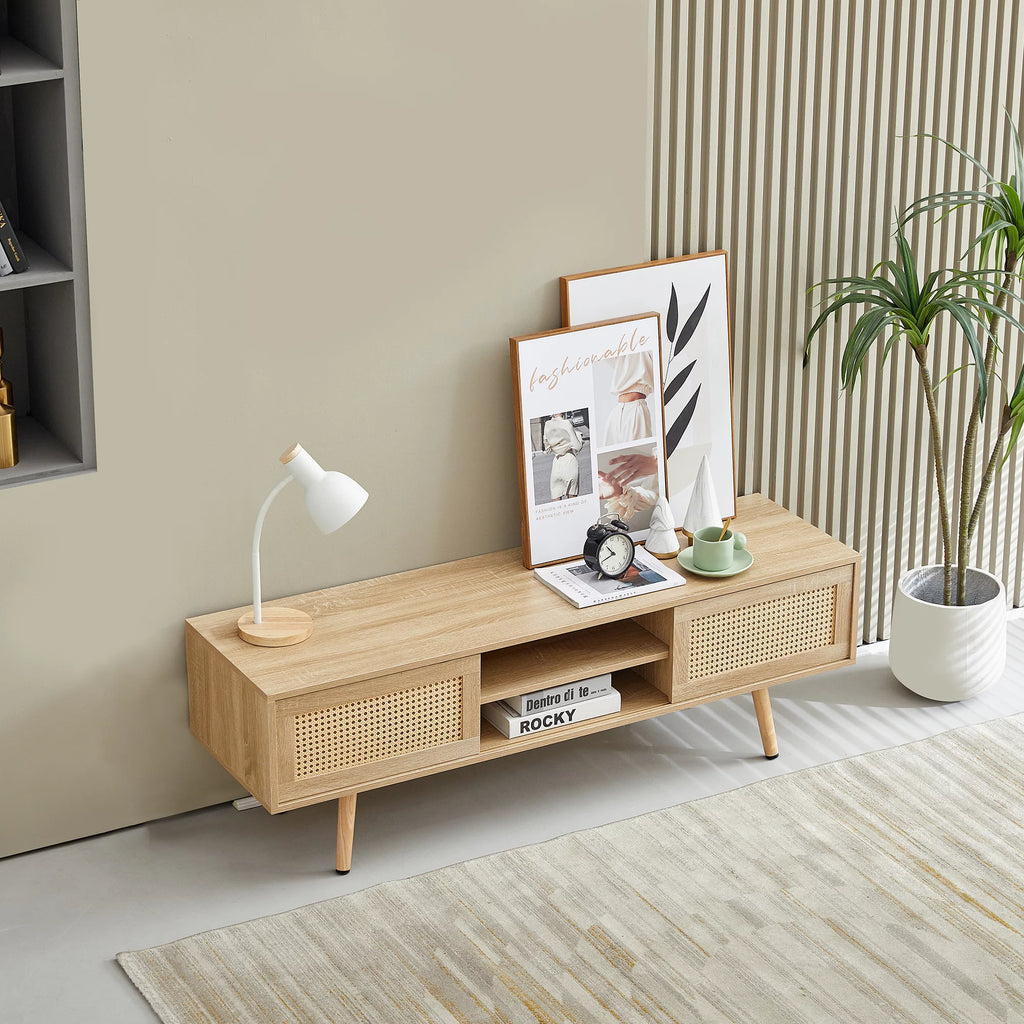 55" Rattan TV Stand with 2 Sliding Doors and Adjustable Shelf Z462195