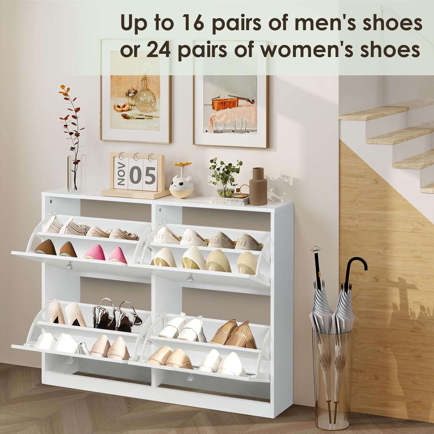 White Shoe Cabinet with 4 2-layer Flip Drawers O527839