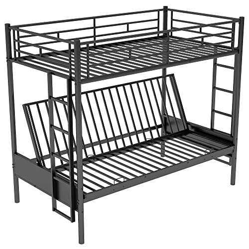 Black Metal Twin over Futon Bunk Bed with Guardrails and 2 Ladders F627