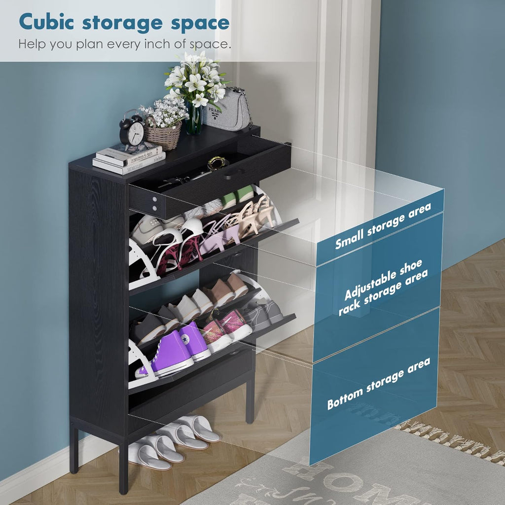 Natural Rattan Weave Shoe Cabinet with 2 Flip Drawers (Black, 2 Pieces) B441