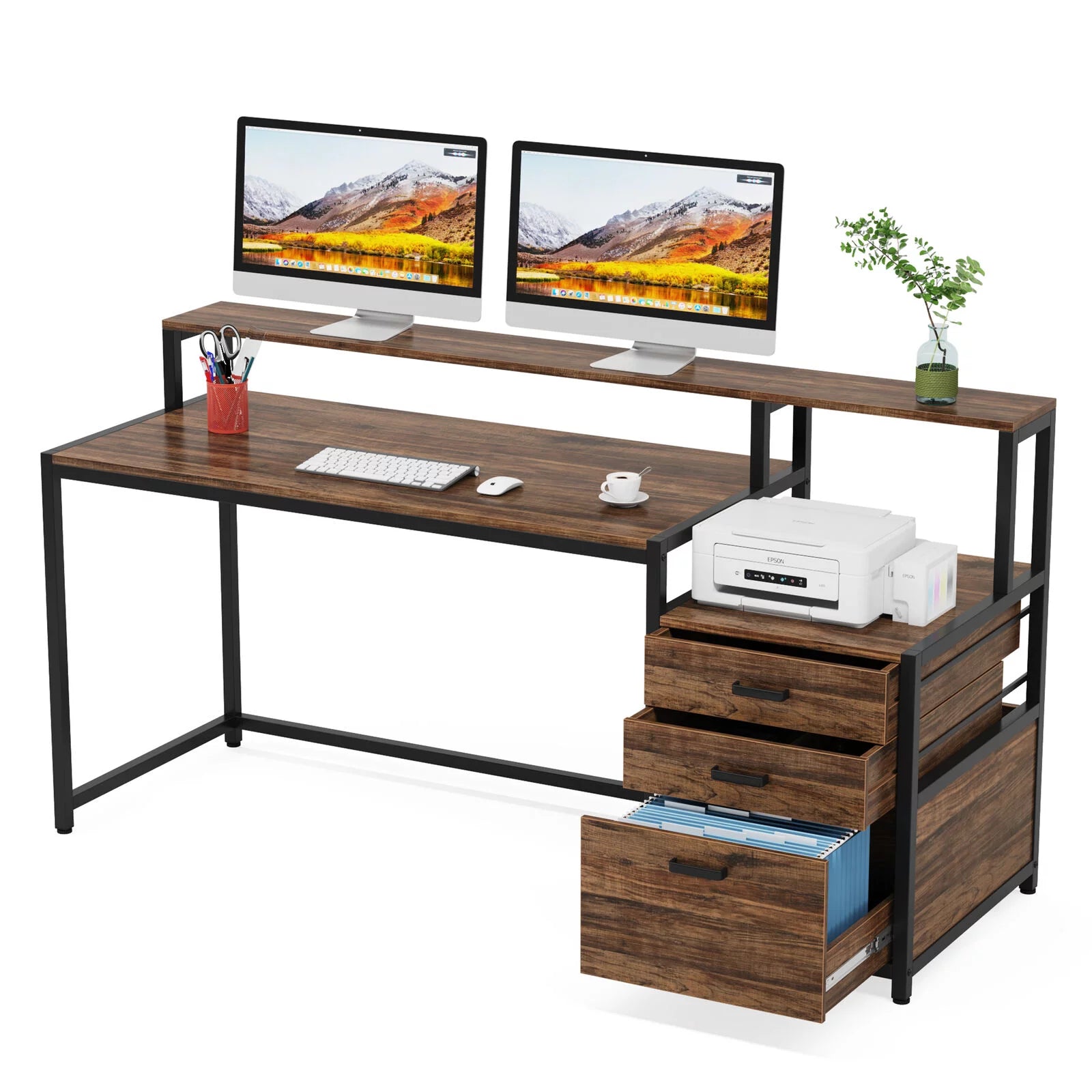 63" Ergonomic Computer Desk with Monitor Stand and Drawers, Rustic Brown Y6314