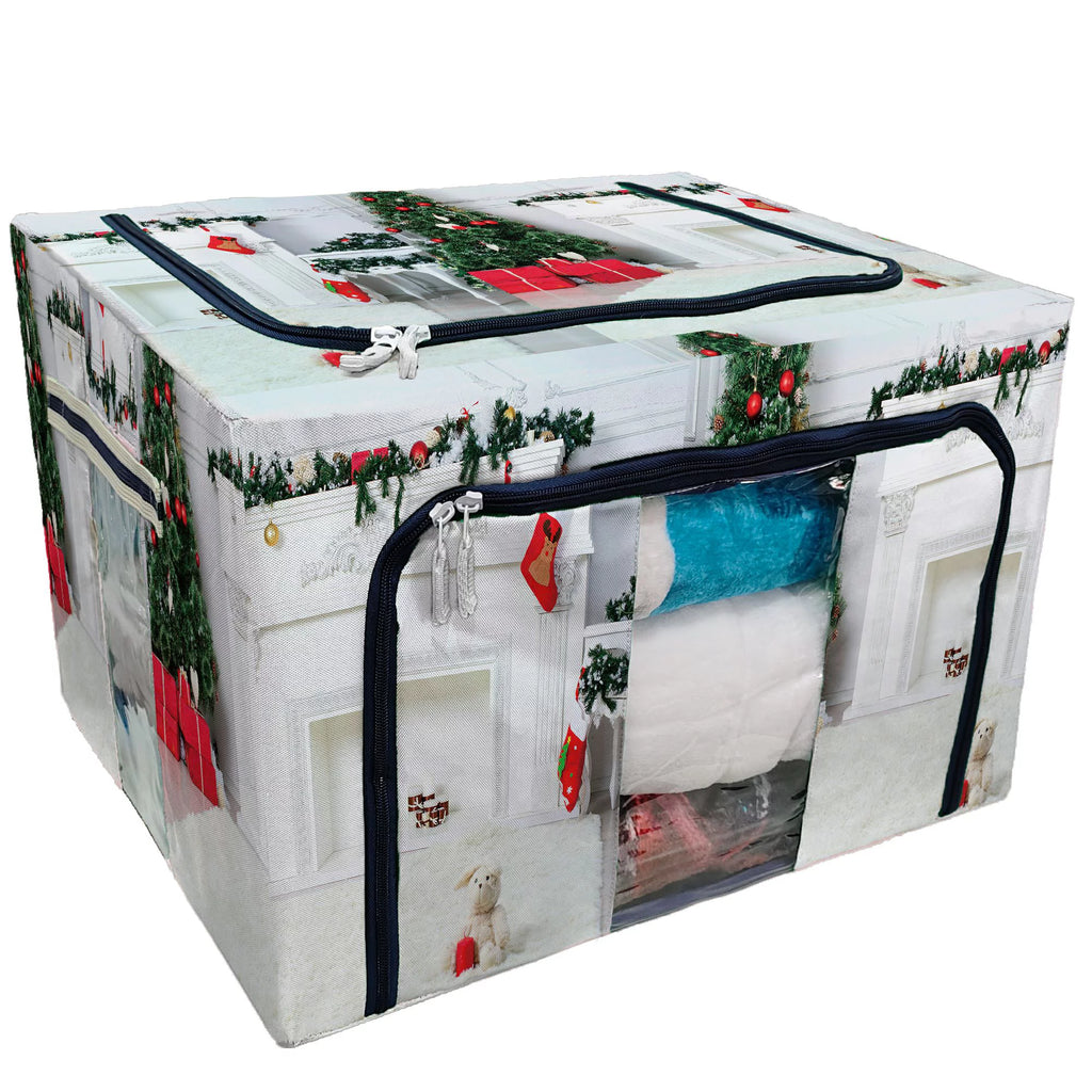 Christmas Socks Fireplace Tree Shallow Storage Bag Clear Window Storage Bins Boxes Large Capacity Foldable Stackable Organizer With Steel Metal Frame D12943