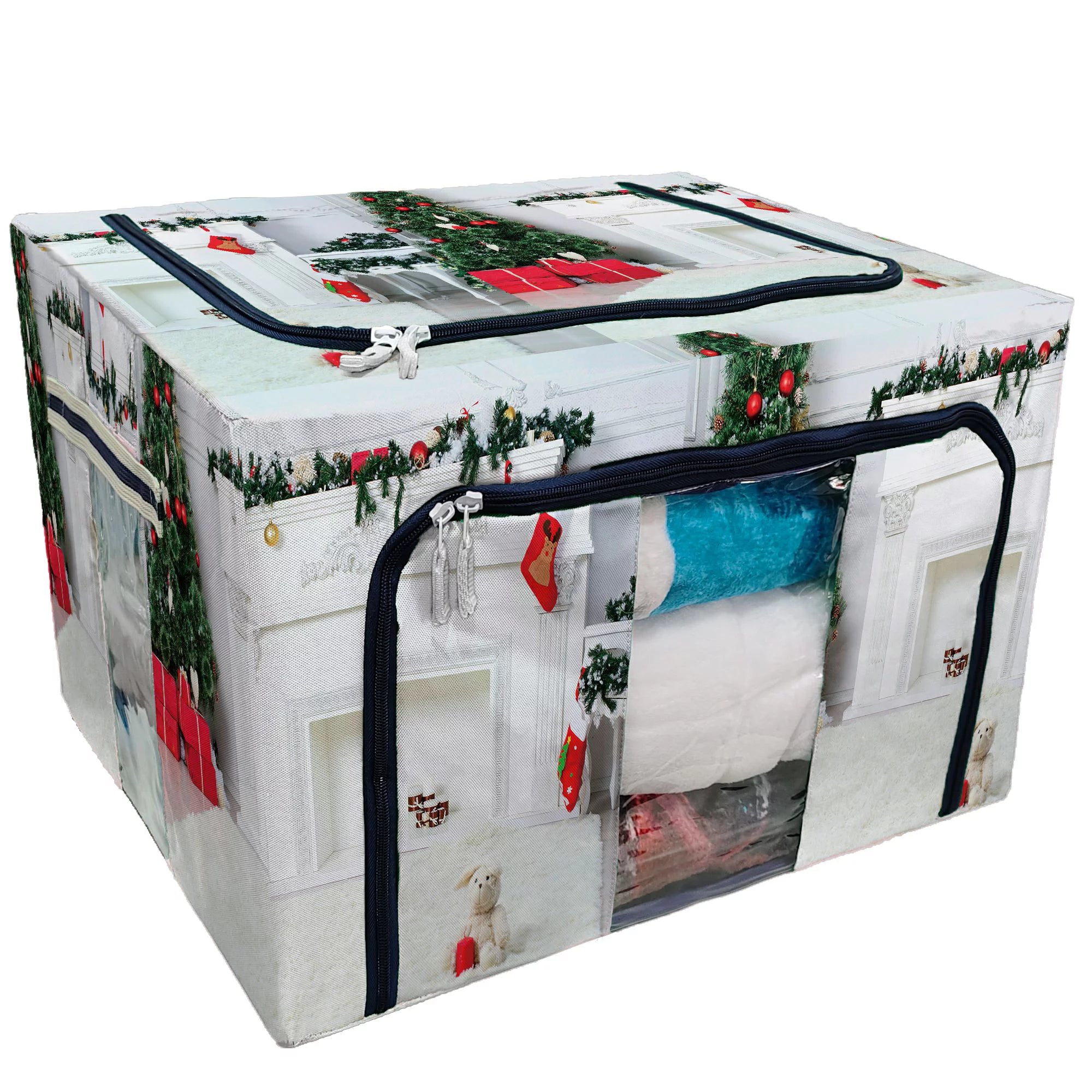 Christmas Socks Fireplace Tree Shallow Storage Bag Clear Window Storage Bins Boxes Large Capacity Foldable Stackable Organizer With Steel Metal Frame D12943