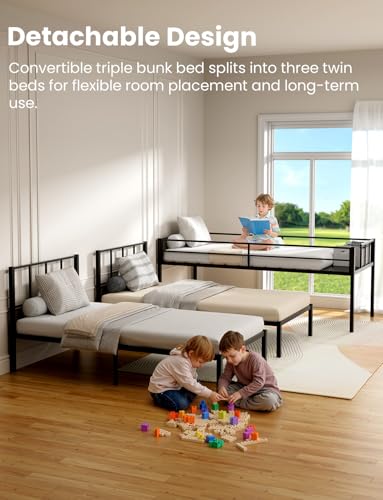 Black Metal Triple Bunk Bed with Guardrails and Ladder K884