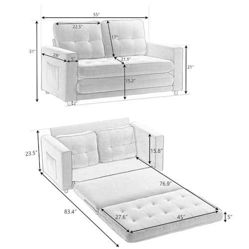 Dark Grey 3 in 1 Upholstered Convertible Futon Sofa Bed with Side Pockets N93747
