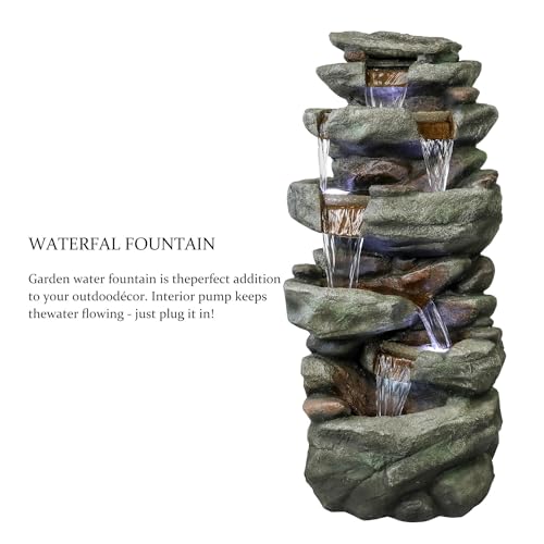 40" High 6-Tiers Cascading Rock Outdoor Water Fountain with LED Lights J214