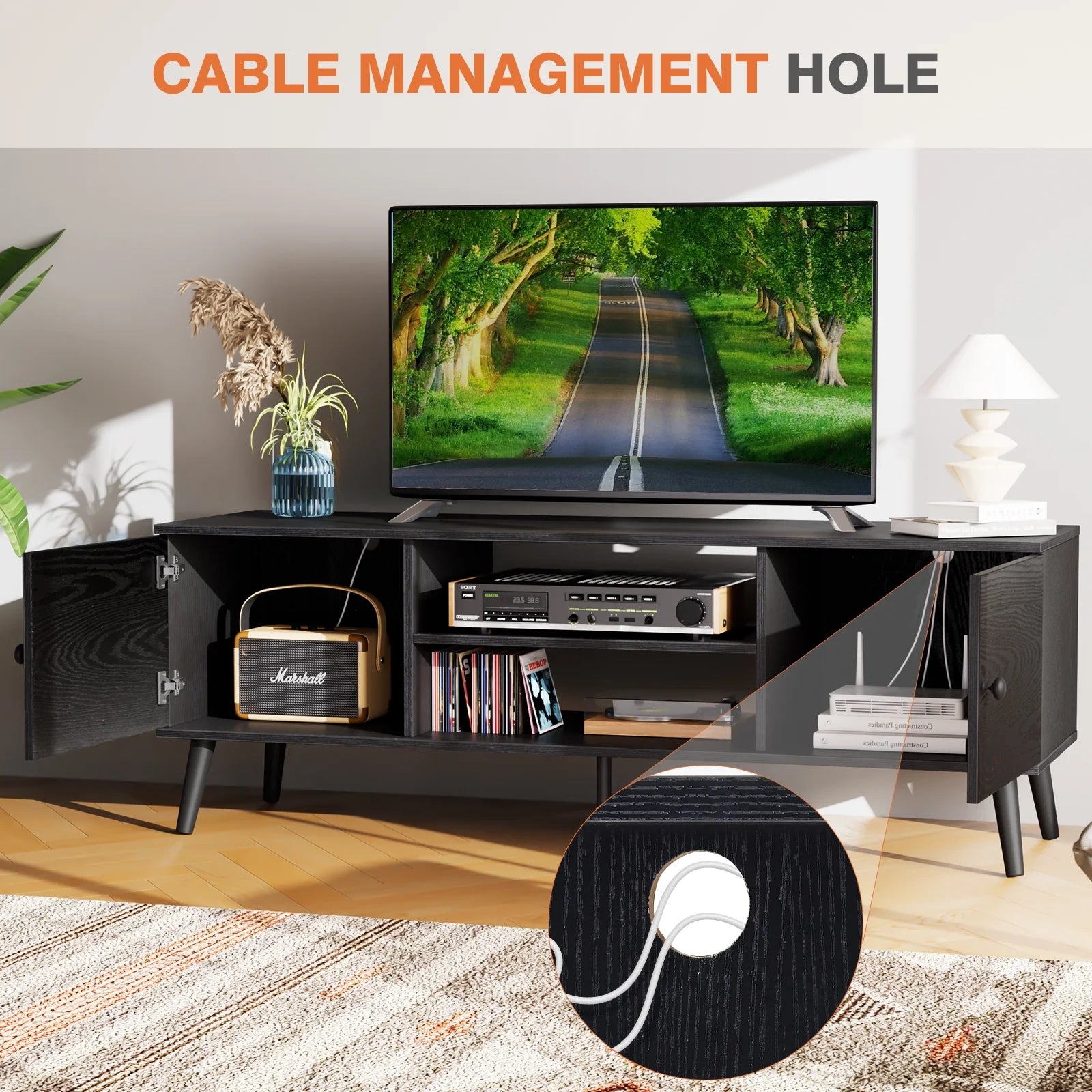 Black TV Stand with Storage Cabinets F3519