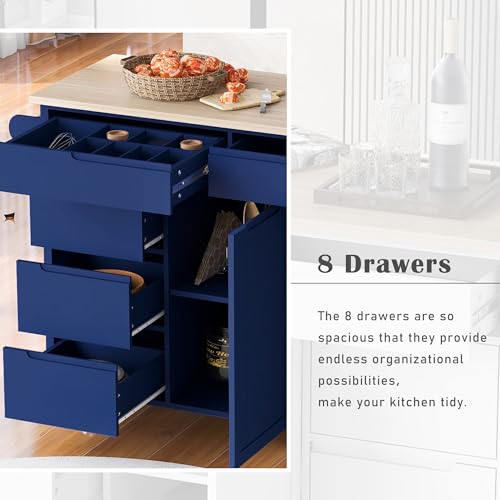 Farmhouse Kitchen Island with Power Outlet, Rolling Cart with Drop Leaf, Storage Cabinet Table on Wheels with Spice Rack and Drawer A485