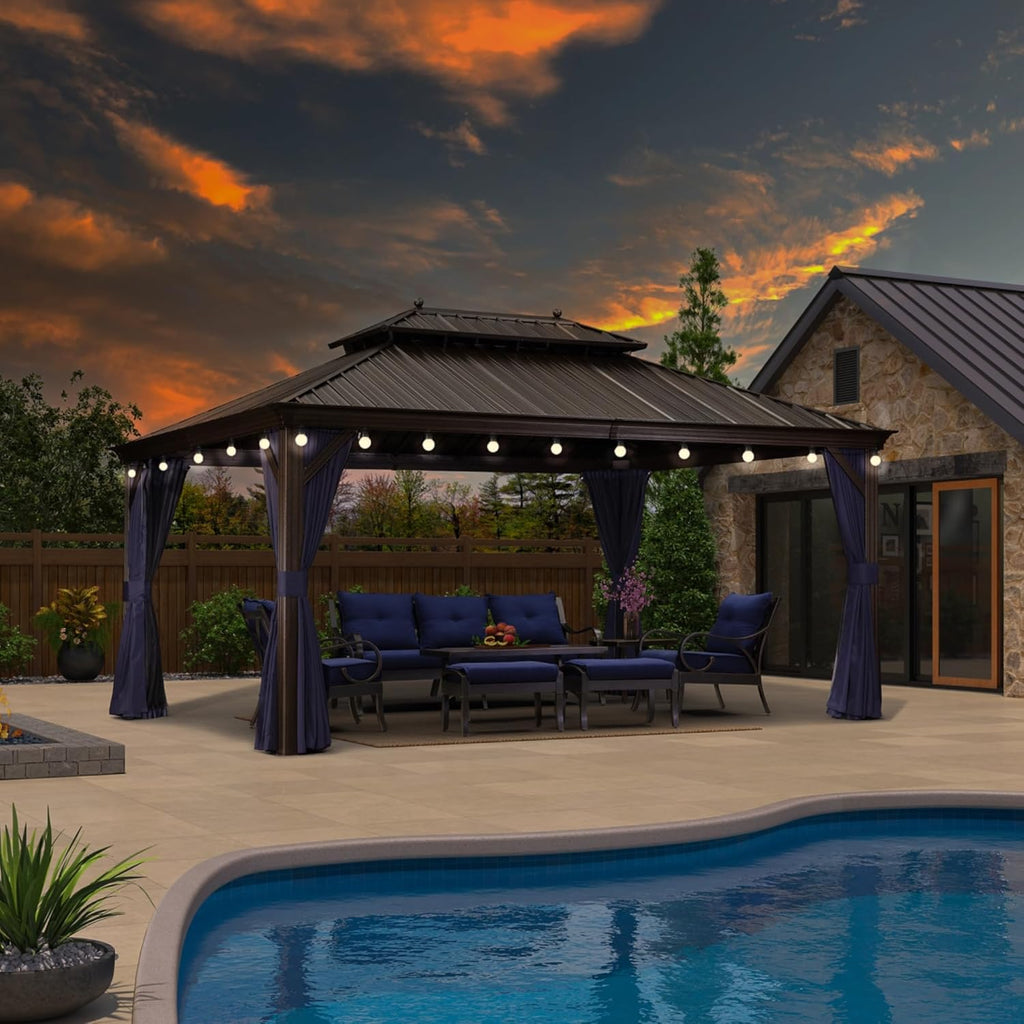 12' X 16' Permanent Hardtop Gazebo with Netting and Curtains Metal Roof Outdoor Pavilion with 24 LED Hanging String Lights E51738