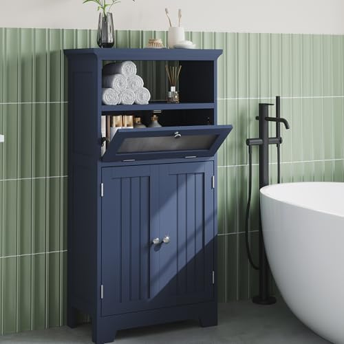 Navy Blue Bathroom Floor Storage Cabinet with Flip Glass Drawer P473302