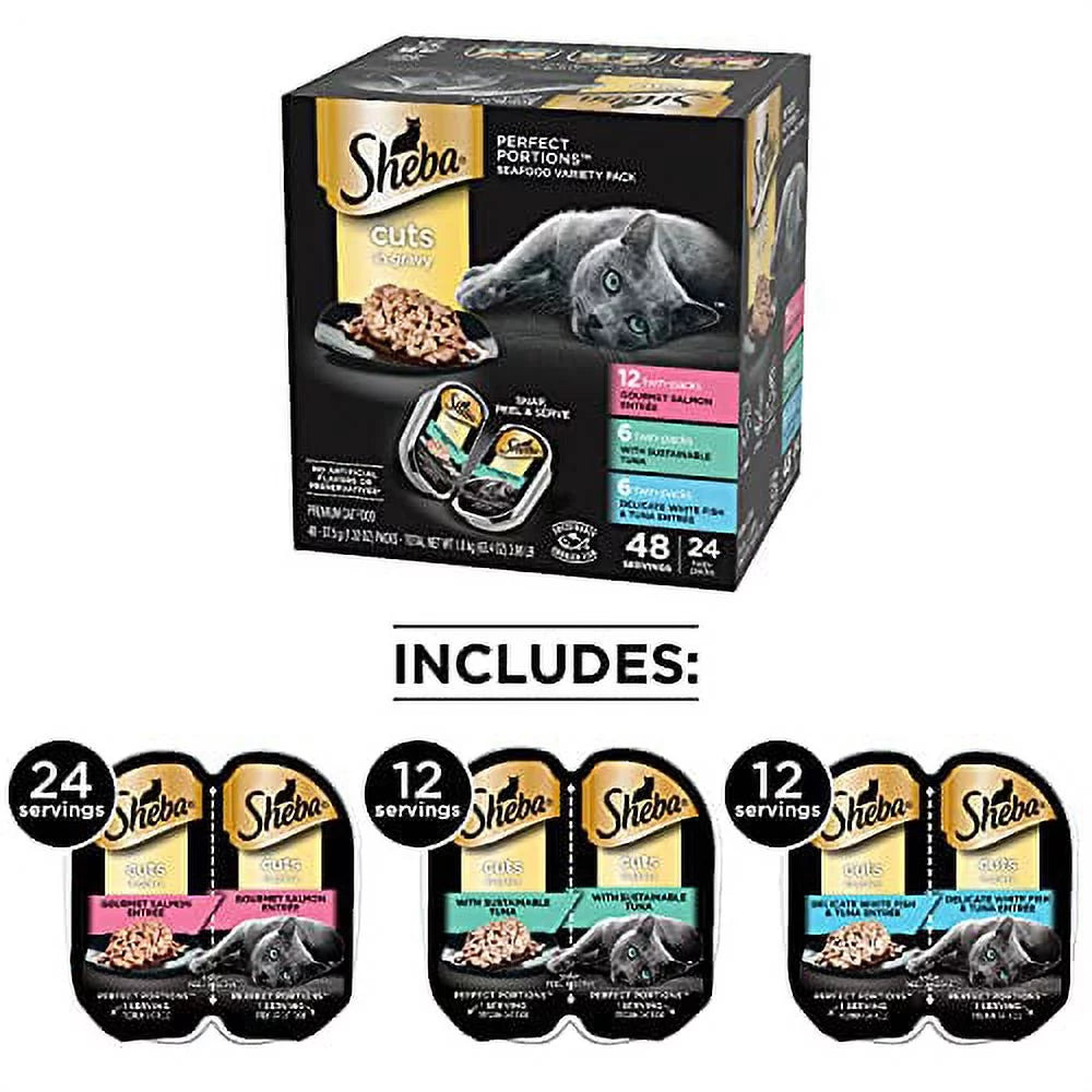 Soft Wet Cat Food Cuts in Gravy Salmon Tuna Whitefish Variety Pack 2.6 Oz. 24 Twin Packs M165423