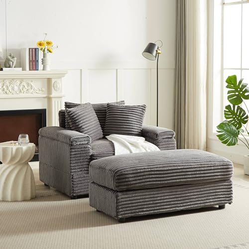 Grey Corduroy Oversize 3 Seater Sofa with 2 Ottomans B834