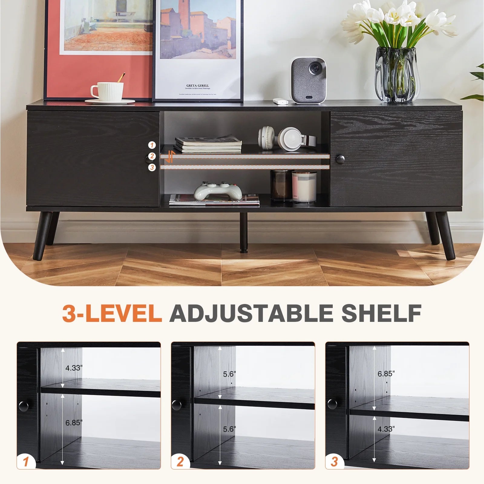 Black TV Stand with Storage Cabinets F3519