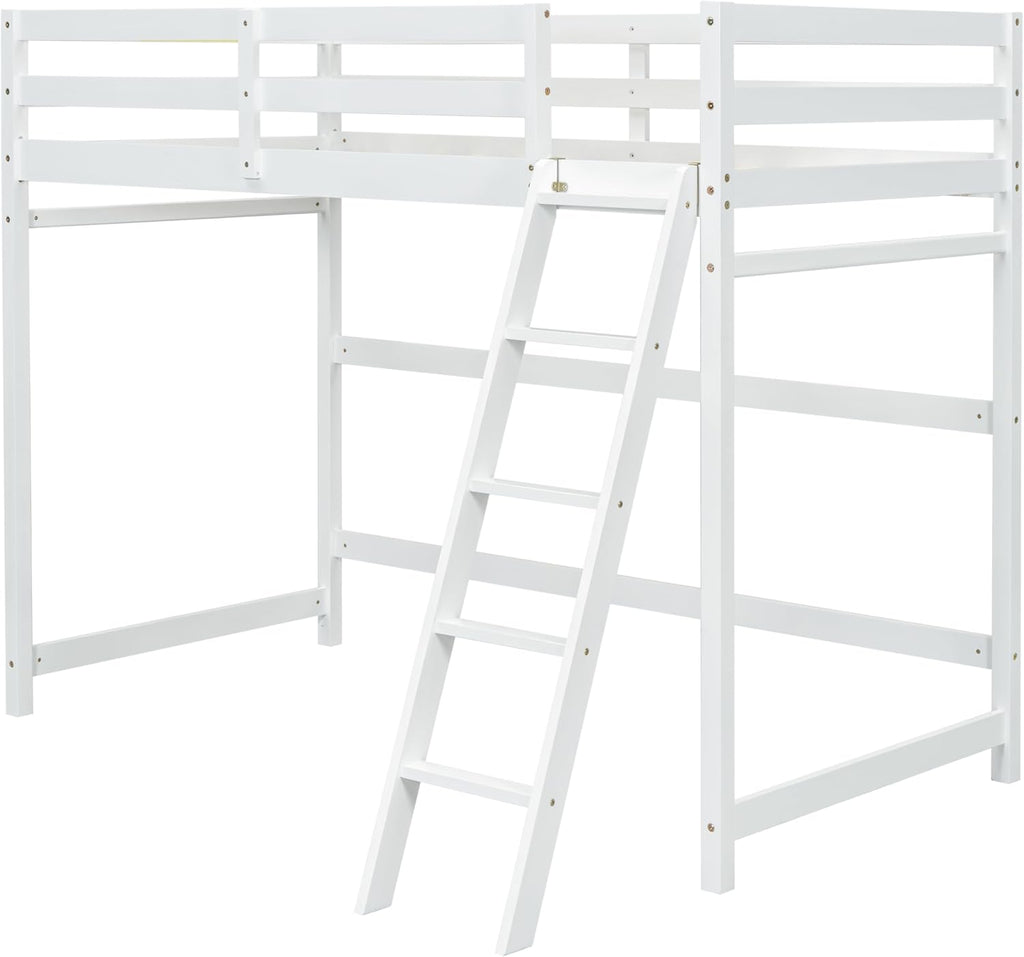 White Twin Size Wooden Loft Bed with Ladder and Guardrail U9906