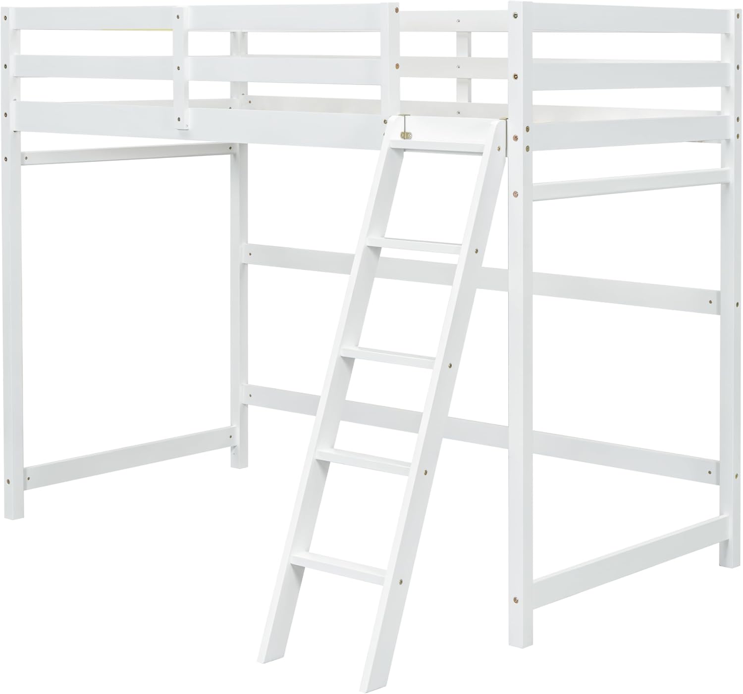 White Twin Size Wooden Loft Bed with Ladder and Guardrail U9906