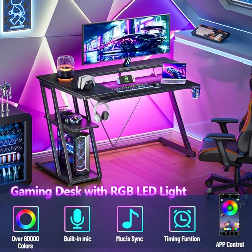 55 Inch L Shaped Gaming Desk with Power Outlet, LED Lights, Storage Shelves, Carbon Fiber Black X715197