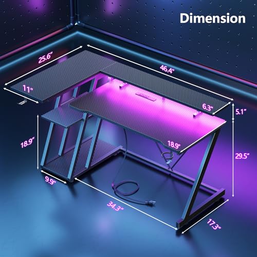 55 Inch L Shaped Gaming Desk with Power Outlet, LED Lights, Storage Shelves, Carbon Fiber Black X715197