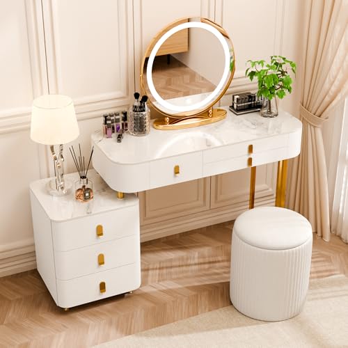 6 Drawer Wood Makeup Vanity Desk with Mirror and Lights and Chair X46345
