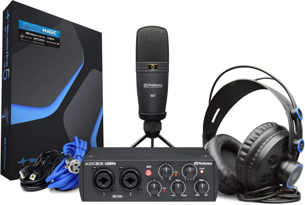 AudioBox 96 Interface with Microphone, Headphones, XLR Cable Bundle with Studio Stand, Pop Filter and Shock Mount (7 Items) O840689