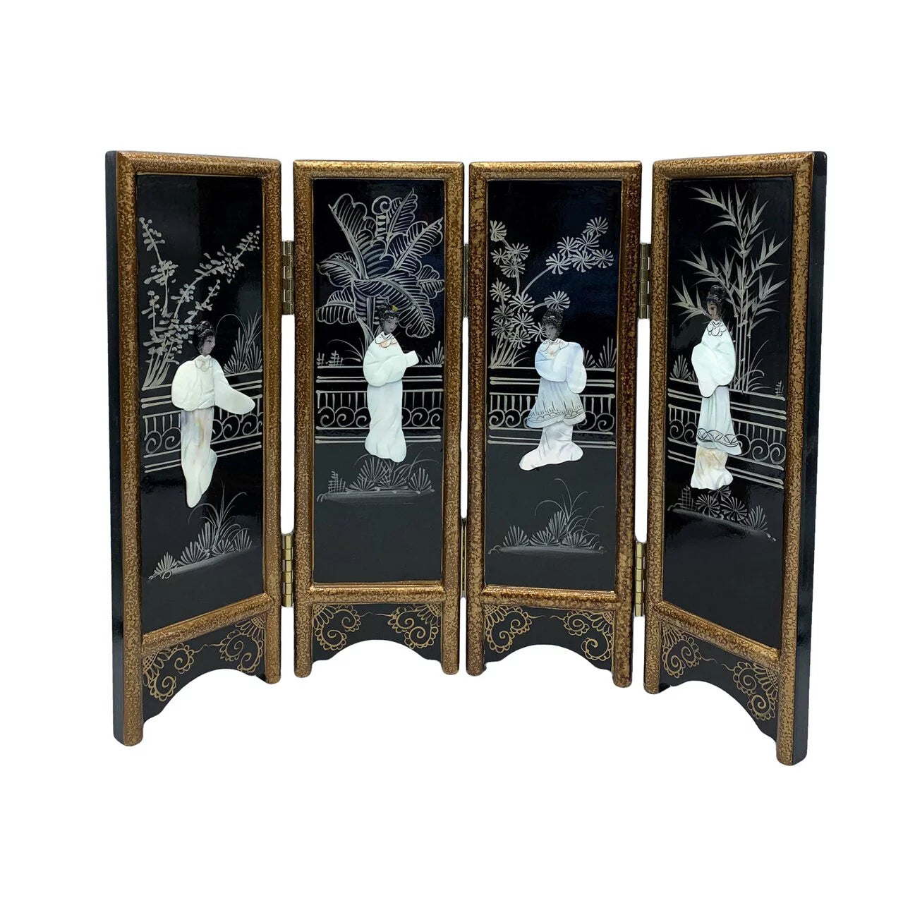 14" Hand Painted Black Lacquer with Mother of Pearl Folding Screen L9283