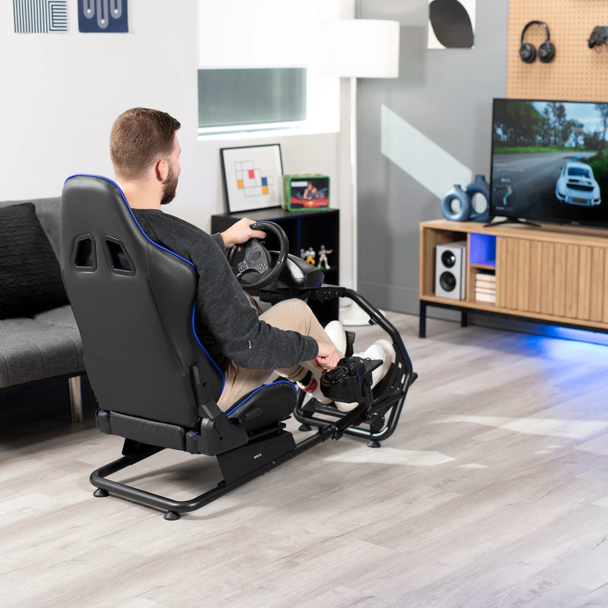 Black Racing Simulator Cockpit with Wheel Stand and Reclining Seat B795