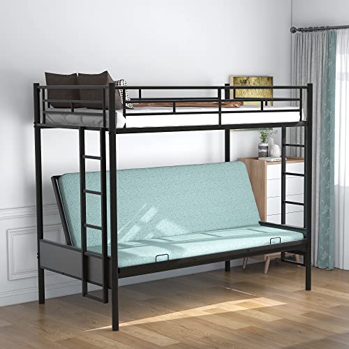 Black Metal Twin over Futon Bunk Bed with Guardrails and 2 Ladders F627