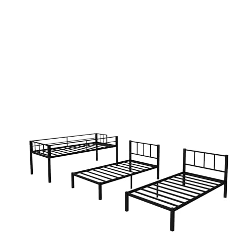 Black Metal Triple Bunk Bed with Guardrails and Ladder K884