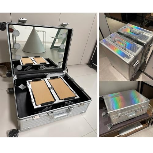 Silver Stripe Aluminum Rolling Makeup Train Case with Lighted Mirror X88533