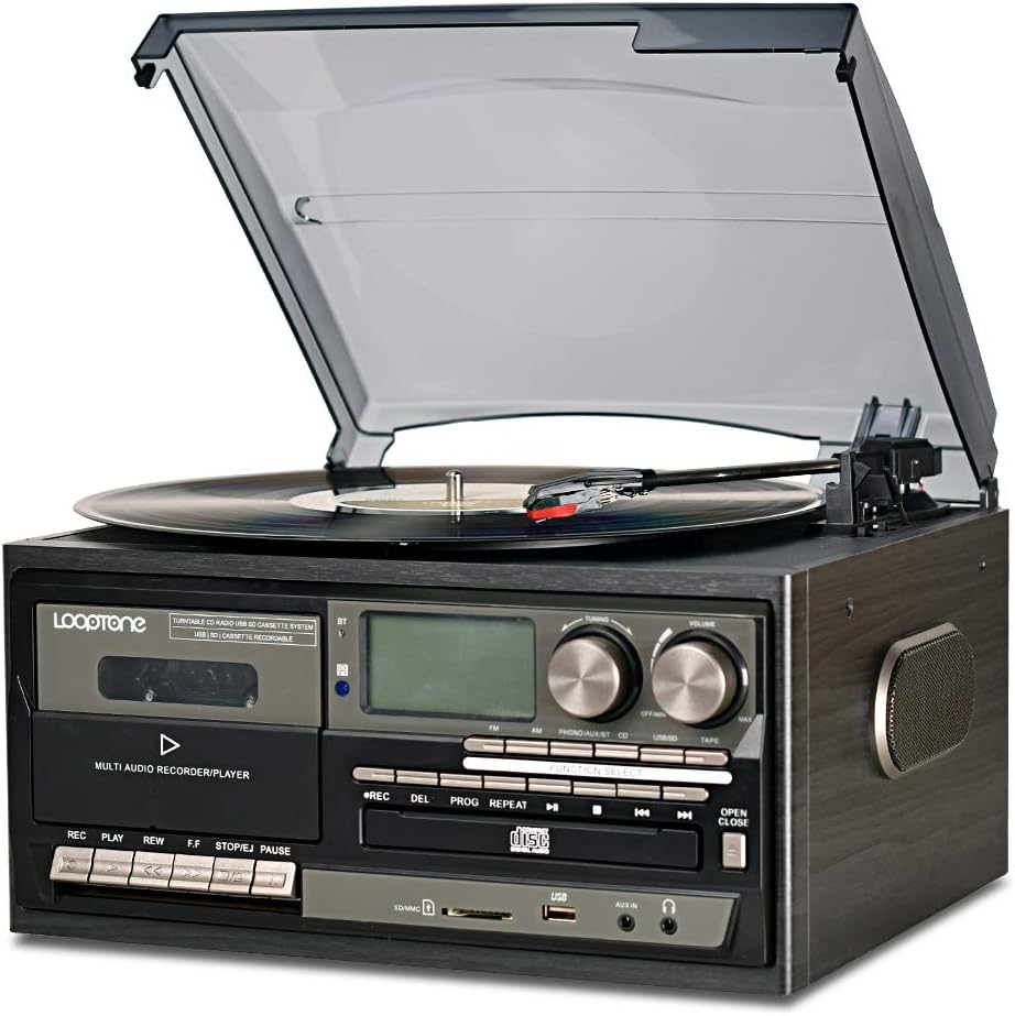 Vinyl Record Player 9 in 1 3 Speed Bluetooth Turntable CD Cassette Player AM/FM Radio USB Recorder Aux-in RCA Line-Out Black A864592