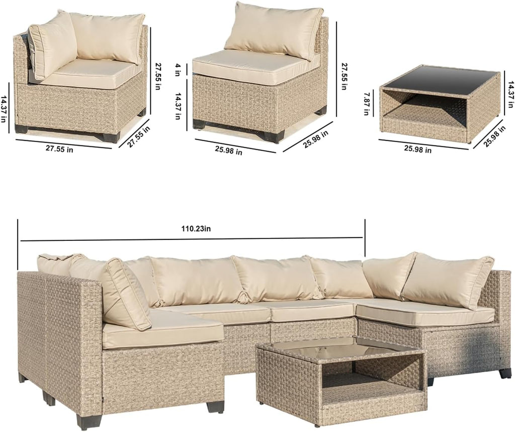 Beige 7-Piece Patio Sectional Sofa with Grey Cushions D111