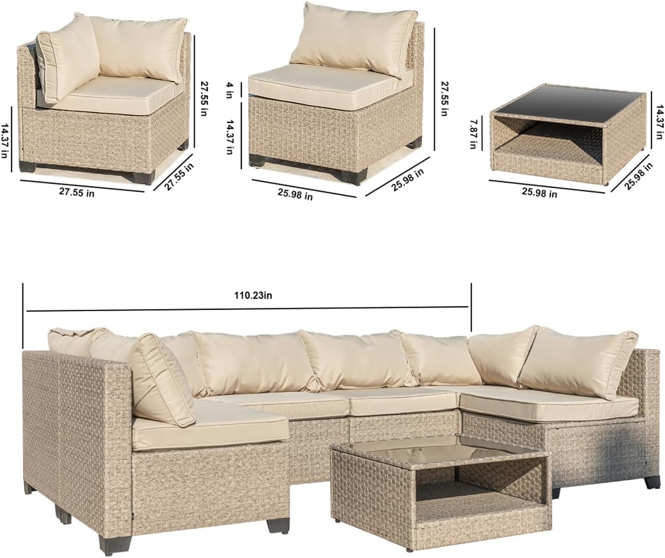 Beige 7-Piece Patio Sectional Sofa with Grey Cushions D111