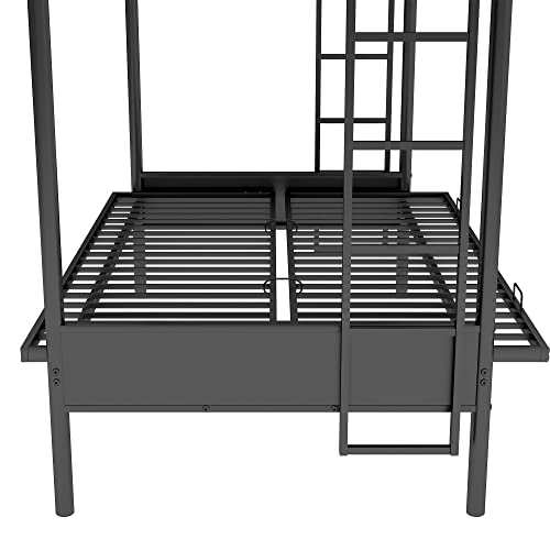 Black Metal Twin over Futon Bunk Bed with Guardrails and 2 Ladders F627