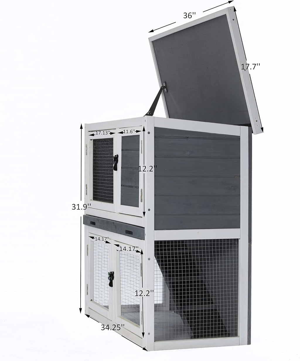 Two Floors Wooden Rabbit Hutch Outdoor with Ramp Removable Tray and Weatherproof Roof J99971